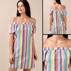 J. Crew Rainbow Striped Off-Shoulder Dress